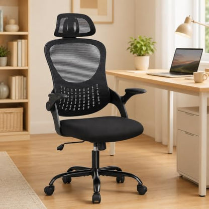 Black Ergonomic Office Chair, High Back Mesh Desk Chair with Adjustable Headrest Lumbar Support, Computer Chairs with Flip-up Armrests and Thickened Cushion for Adults Home Office, 360° Swivel - color: Black With Headrest