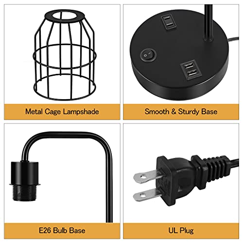 BTY Bedside Lamps Set of 2 Industrial Table Lamp with Dual USB Charging Ports and 2 Prong AC Outlet Farmhouse Nightstand Desk Lamps Edison Lamp with Metal Wire Cage for Bedroom Living Room - size: CAGE 3