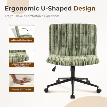 Furnimart 360° Swivel Criss Cross Desk Chair Extra-Thick Cushion, Premium Chenille Cross Legged Chair with Wide Seat & Wheels, Comfy Armless Home Office Chair for Bedroom, Vanity, Sturdy (Green) - color: Chenille Green
