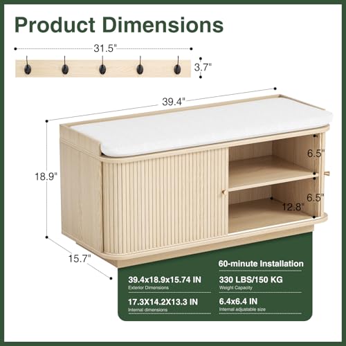Hall Tree with Bench and Shoe Storage, Entryway Bench with Sliding Door Cabinet, Removable Padded, Metal Wall Hooks and Adjustable Storage Compartments, for Entry, Hallway, Living Room, Oak - color: Oak