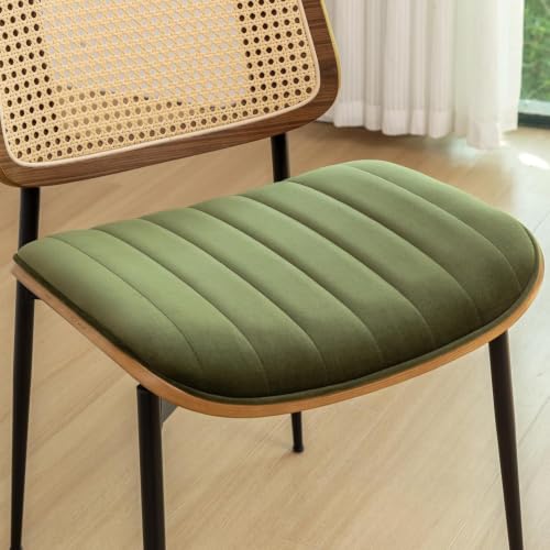 Rattan Dining Room Chairs Set of 4, Mid Century Modern Kitchen Chairs,Green Velvet Walnut Wood Finish Side Chair, Metal Legs Chair with Rattan Backrest,Green Fabric - color: Green 2, size: Set of 4