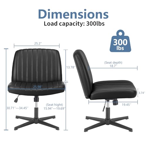 DUMOS Criss Cross Chair No Wheels, Wide Seat Cross Legged Office Desk Vanity Chair, Faux Leather Armless Height Adjustable Swivel Task Computer Chairs for Home, Study, Black PU - color: Black Pu