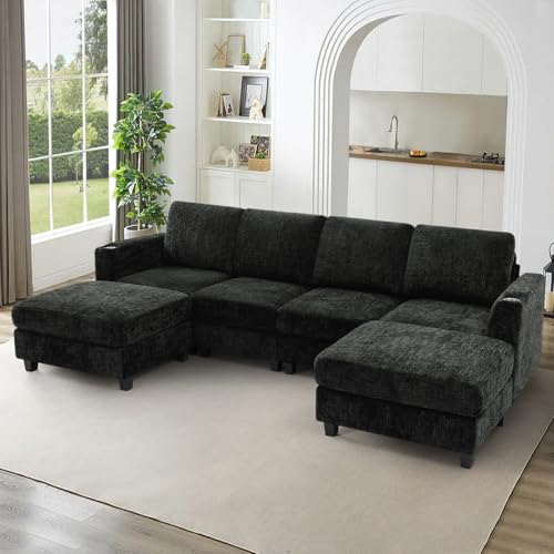 110" Convertible U-Shape Couch with 2 Flexible Ottomans, Black | Soft Sectional Sofa with Durable Cup Holders, Chenille 4 Seater Sofa with Well-Filled Backrest for Living Room, House - color: Black, size: 110" U-Shape
