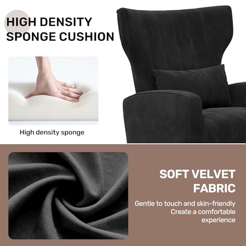 Nebuaegis Velvet Accent Chair Wingback for Living Room, High Back Arm Chair with Golden Legs Lumbar Pillow, Upholstered Single Sofa Bedroom Black - color: Black, size: Set of 1