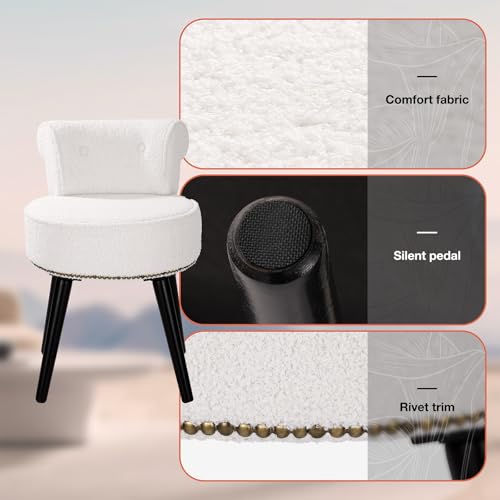 Vanity Chair with Back, Sherpa Stool with Tufted Low Backrest & Gold Nailhead Trim, Round Vanity Seat for Bedroom and Bathroom Makeup, Support 220lbs, Easy Assembly (Teddy White) - color: Sherpa White