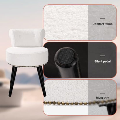 Vanity Chair with Back, Sherpa Stool with Tufted Low Backrest & Gold Nailhead Trim, Round Vanity Seat for Bedroom and Bathroom Makeup, Support 220lbs, Easy Assembly (Teddy White) - color: Sherpa White