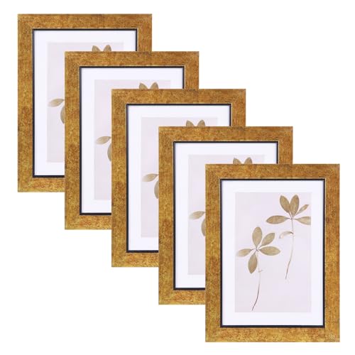 Fixwal 5x7 Picture Frame Set of 5 with Tempered Glass, Brown | Premium PS Product, Farmhouse-Style, Durability And Longevity, Wall or Tabletop Decor - color: B-Antique Brass Finish, size: 5x7