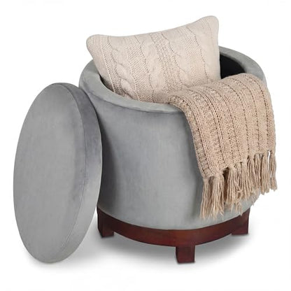 Giantex Round Ottoman with Storage, 360° Swivel Velvet Vanity Stool with Removable Lid, Wood Frame & Legs, Ottoman Foot Rest for Living Room, Bedroom, Makeup Room No Assembly (Gray & Walnut) - color: Gray & Walnut