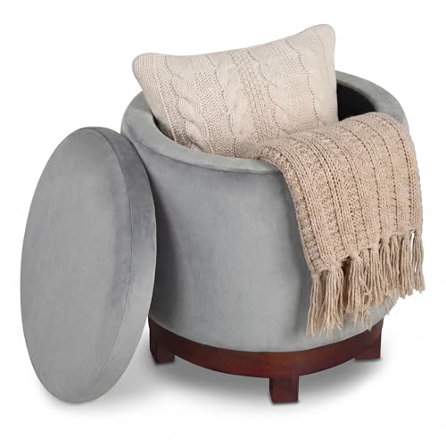 Giantex Round Ottoman with Storage, 360° Swivel Velvet Vanity Stool with Removable Lid, Wood Frame & Legs, Ottoman Foot Rest for Living Room, Bedroom, Makeup Room No Assembly (Gray & Walnut) - color: Gray & Walnut