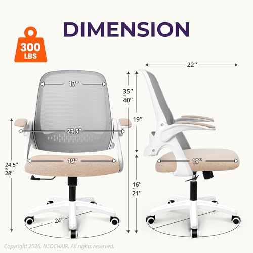 NEO CHAIR Office Desk Chair, Ergonomic Mesh with Flip-Up Armrests, Beige | Lumbar Support, Height Adjustment, 360° Swivel and Rolling Base, Space-Saving Design for Home Office, Vanity or Study - color: Beige