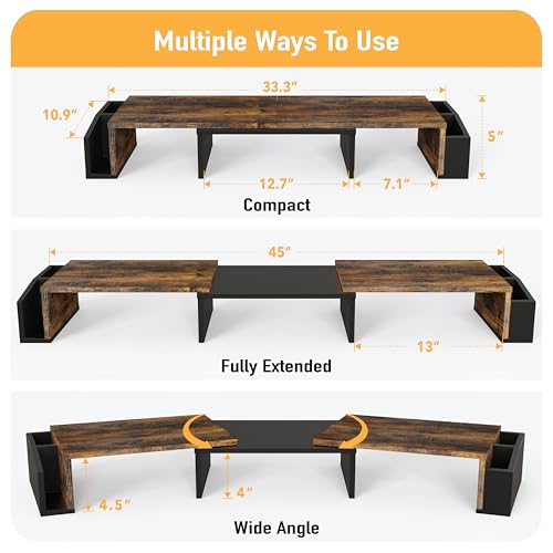 Simple Houseware Desk Dual Monitor Stand Riser with Drawer, Rustic Brown | Customizable Organizer Tray, Built-In Phone & Tablet Slot and Side Storage - color: Rustic Brown