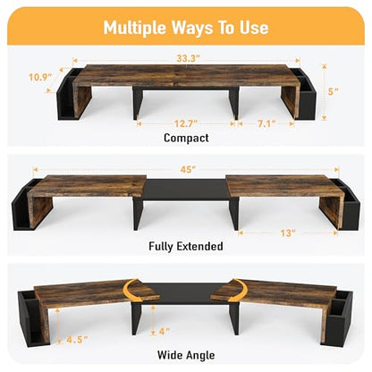 Simple Houseware Desk Dual Monitor Stand Riser with Drawer, Rustic Brown | Customizable Organizer Tray, Built-In Phone & Tablet Slot and Side Storage - color: Rustic Brown