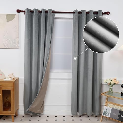 INLINAS 52W x 96L Inch Velvet Blackout Curtain - Luxurious Softness with Light Control, Thermal Insulated, Noise Reduction, Energy Saving Set of 2 Panels, Grey - color: Grey, size: 52"W x 96"L (Pack of 2)
