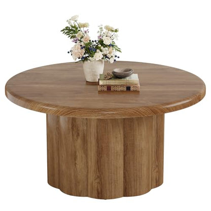 Tribesigns 31.5" Round Coffee Table for Living Room, Farmhouse Circle Center Cocktail Table with Fluted Drum Base, Wooden Living Room Furniture for Apartment, Small Space, Brown