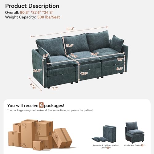 80" Cloud Modular 3 Seater Sofa with Storage, Modern Upholstered Storage Sofa Couch Deep Seat, Sectional Sofa Chenille Comfy Couch with Armrests for Living Room, Small Space, Blue - color: Blue, size: 80" 3 Seater
