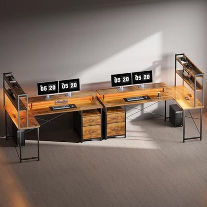 L Shaped Gaming Desk, Reversible with LED Lights, Shelves, Brown | Reversible, LED lights, Charging, Monitor stand - color: Rustic Brown2