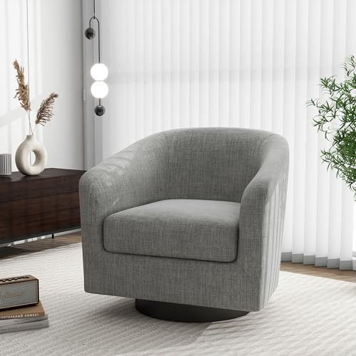 Swivel Barrel Accent Chair, Comfy Reading Armchair, Light Grey, Set of 1 | Club Chairs for Adults, Low-Back Design, Modern Round Style, Solid Wood Frame & Metal Swivel Base, For Living Room & Bedroom - color: Light Grey