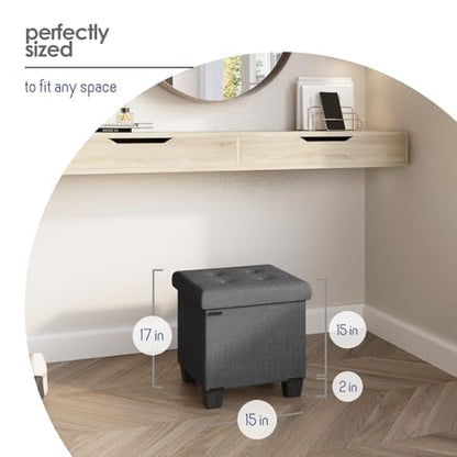 Storage Ottoman Cube with Small Bin, 15-in Square Ottoman with Storage for Living Room and Bedroom, Small Ottomans Foot Rest, Fabric Foot Stools Ottomans Max 330lbs, Grey - color: 02 - Grey