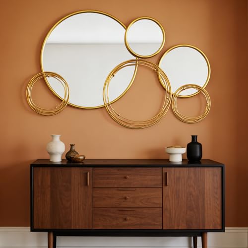 Gold Multi-Circle Wall Mirrors Decor - 35"X21" Modern Large Boho Layered Circular Iron Frame Wall Sculptures Decorative Art Mirror for Living Room, Dining Room, Entryway, Fireplace, Hallway, Bedroom - color: Gold - 35" L X 21" W