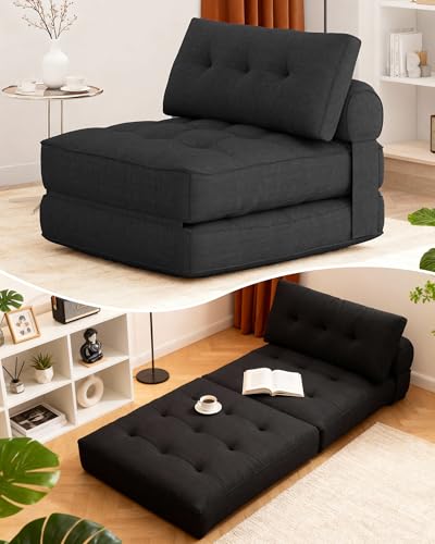 Folding Chair Bed, 3 in 1 Convertible Sleeper Chair with Pillow, Black - color: Carbon Black, size: Classic
