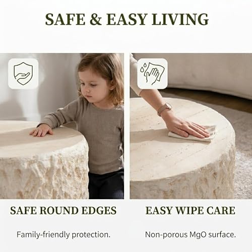 31.5'' Round Faux Stone Coffee Table, MgO Concrete Drum Center Table, Modern Minimalist Beige Coffee Table for Living Room, Apartment, Office, No Assembly, Beige - color: 31.5'' Round Beige