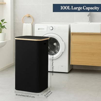 TFLC 100L Large Laundry Hamper with Lid Dirty Clothes Hamper, Black | Narrow Foldable Slim Laundry Basket with Bamboo Handles, Tall Skinny Hamper for Dorm, Bathroom & Bedroom - color: Solid Black