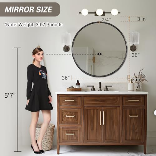 Hand-Forged Round Mirror for Wall, 36 Inch Black Solid Steel Metal Frame Circle Mirror, Antique Hammered Rounded Bathroom Mirror for Living Room, Bedroom, Entryway, Vanity - color: Black, size: 36"L x 36"W