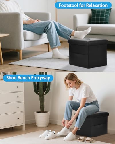Ottoman with Storage,17 Inch Leather Folding Foot Rest Stool,Black | Small Ottoman with Side Pockets, Thicker Foam Padded Seat, 17 * 13 * 13 Inch, Livingroom, Dorm, Bedroom, Entryway - color: Black