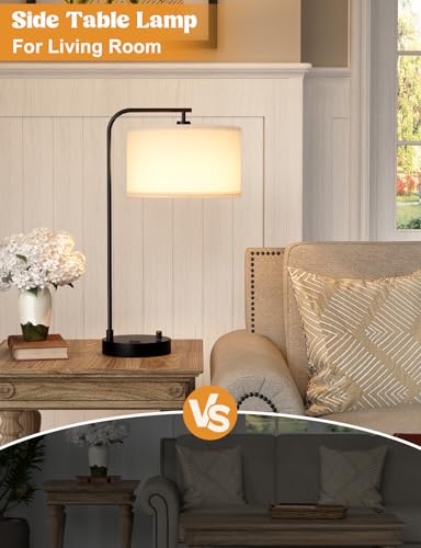 Innqoo White Side Table Lamp with USB Port and Outlet, Dimmable Nightstand Bedside Lamps with Linen Lampshade, Desk Lamp for Bedroom, Living Room, Guest Room, Home Office, LED Bulb Included - color: B-White Shade & Black Base