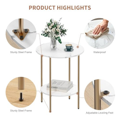Side Table, Round End Table with 2 Storage Shelves, Compact Living Room Accent Table, Space-Saving Small Bedside Table, 18x18x22in, Marble White