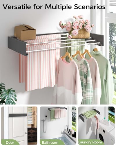 Vikaqi Wall Mounted Clothes Drying Rack 32", Foldable Wall Mount Laundry Rack Folding Indoor, Drying Rack Clothing Collapsible, Hidden Space Saver with Wall Template, 5 Rods, Black - color: Black, size: 32" Wide