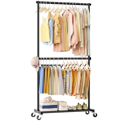 Double Rod Clothes Rack, 35" Wide Rolling Rack for Clothes, Portable Clothing Racks for Hanging Clothes, Metal Garment Racks with Wheels for Bedroom Laundry, Black - color: Black