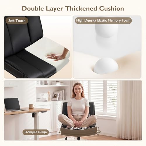 Armless Criss Cross Office Chair with Wheels,PU Leather Black | 5.5" Double Layers Thickened Seat Cushion and Backrest,Lumbar Pillow,Swivel Chair,Wide Comfortable Cross Legged,320LBS - color: Black