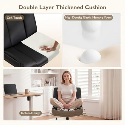 Armless Criss Cross Office Chair with Wheels,PU Leather Black | 5.5" Double Layers Thickened Seat Cushion and Backrest,Lumbar Pillow,Swivel Chair,Wide Comfortable Cross Legged,320LBS - color: Black
