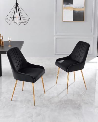 Black Velvet Dining Chairs Set of 2, Modern Kitchen and Vanity Chairs | Modern upholstered vanity chairs with gold metal legs, stain-resistant hand-quilted fabric, high-density foam cushion seat - color: Black, size: Set of 2