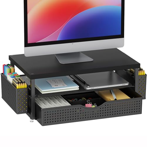 gianotter Desk Organizers and Accessories, Monitor Stand with Drawer and 2 Pen Holder, Desktop Organizer Suitable for Offices and Dormitories (Black-Plain) - color: Black-Plain