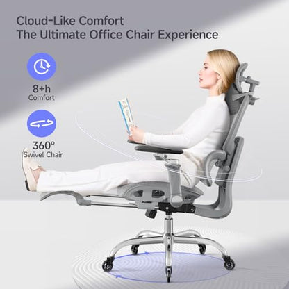 Office Chair with Footrest, Ergonomic Chair with 3D Headrest, Computer Chair with Adjustable Backrest & 6D Armrest, Gaming Chair with Adaptive Lumbar Support, Adjustable Seat Depth, Grey - color: Grey, style: Plus
