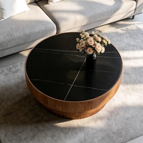 31.5" Round Black Sintered Stone Coffee Table, Mid-Century Modern Marble Coffee Table with Stable Wood Pedestal Base, Circle Drum Cocktail Center Tea Tables for Living Room Bedroom Apartment - color: Black