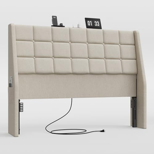Ergonomic Upholstered Headboard Queen Size w/Charging Station, Linen Wingback Headboards w/Storage Pocket, Queen Headboard Only, Bed Frame Adapters, Sturdy Stable Solid Wood Bed Head Board, Beige - color: White Beige, size: Queen