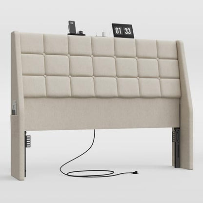 Ergonomic Upholstered Headboard Queen Size w/Charging Station, Linen Wingback Headboards w/Storage Pocket, Queen Headboard Only, Bed Frame Adapters, Sturdy Stable Solid Wood Bed Head Board, Beige - color: White Beige, size: Queen