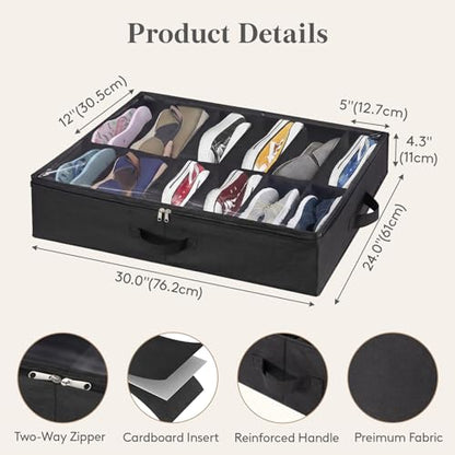 Lifewit Under Bed Shoe Storage Organizer 2 Pack(12 Shoes Cells), 4.3 Inches Profile Fabric Shoes Container Box with Clear Cover, Foldable Storage Bag with 2 Handles, Fits 12 to 24 Pairs - style: 12 Shoes Cells