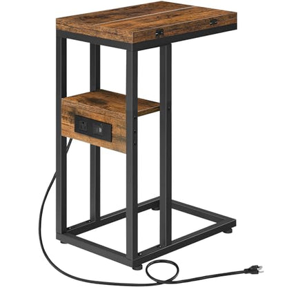 HOOBRO Foldable End Table, C Shaped Side Table with Charging Station, Sofa Couch Table that Slide Under for Living Room Bedroom Small Spaces, Easy Assembly, Rustic Brown and Black BF29USF01