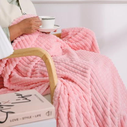 Puncuntex Fleece Throw Blanket Light Pink 90"×90" with Square Grid Design | Super Soft Plush Cozy Flannel Throw Blanket Luxury for Couch Sofa Chair - color: Light Pink, size: 90"×90"