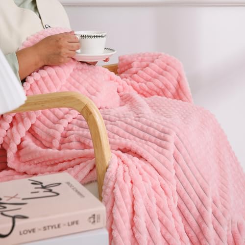 Puncuntex Fleece Throw Blanket Light Pink 90"×90" with Square Grid Design | Super Soft Plush Cozy Flannel Throw Blanket Luxury for Couch Sofa Chair - color: Light Pink, size: 90"×90"
