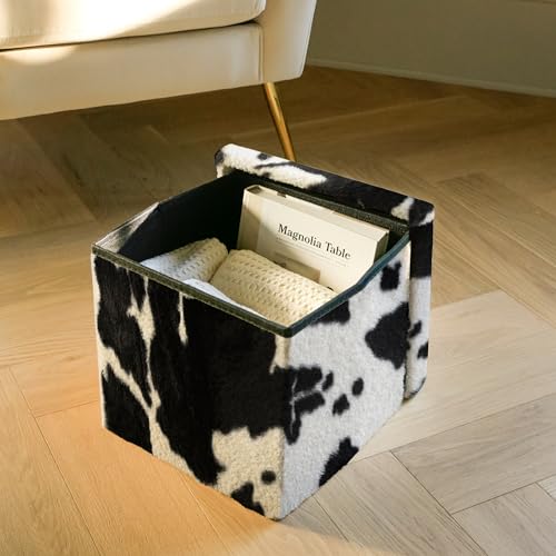 Luxe Faux Fur Storage Ottoman, Cowhide Black/White, 12 x 12 x 12 in | Engineered Wood, Tool-Free Assembly, Modern Style, Seat And Footrest - color: Cowhide Black/White, size: 12"D x 12"W x 12"H