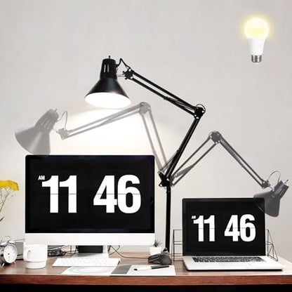 Black Desk Lamp with Clamp, Extra-Tall Adjustable Metal Swing Arm, 3000K | Manicurist Table Lamp for Nail Work, Drafting, Sewing, Crafting, College Dorm and Home Office, A19 Bulb Included