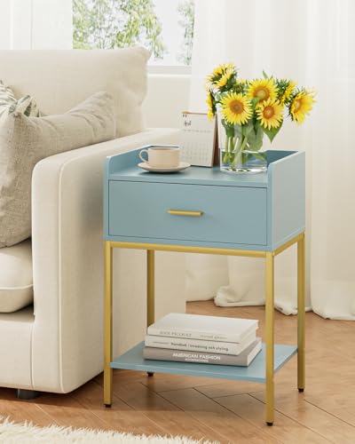 Masupu Nightstand,Bedside Table 3-Tier Modern Night Stand with Storage Drawer and Shelf,Small End Side Table for Bedroom,Living Room,Black (Without Outlet, Blue) - color: Blue