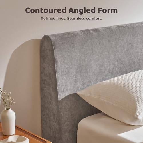 RECCI AirFrame Queen Upholstered Bed Frame with Ergonomic Angled Headboard | Ergonomic Angled Headboard, 360° Soft Foam Surround, Low Profile Cloud Bed Frame, No Box Spring Required, Easy Assembly - color: Moon Grey, size: Queen