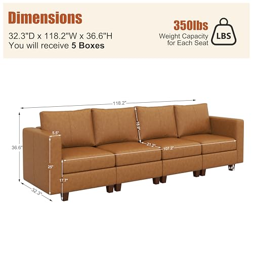 MINCETA Modular Sectional Sofa, Modern Comfy Sofa with Upholstered and Storage Ottoman for Living Room,Bedroom(Brown, 4 Seat Sofa) - color: Brown, size: 118.2"W*32.3"D
