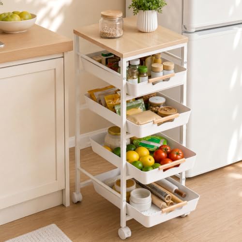 Pipishell Rolling Storage Cart with Drawers & Lockable Wheels, 5 Tier Kitchen Cart with Safety Stops & Vented Design, Wood Top, Pull-Out Utility Cart for Kitchen, Home Office, Bedside, White - color: White, size: 12.6”W x 13.8”D x 33.5”H
